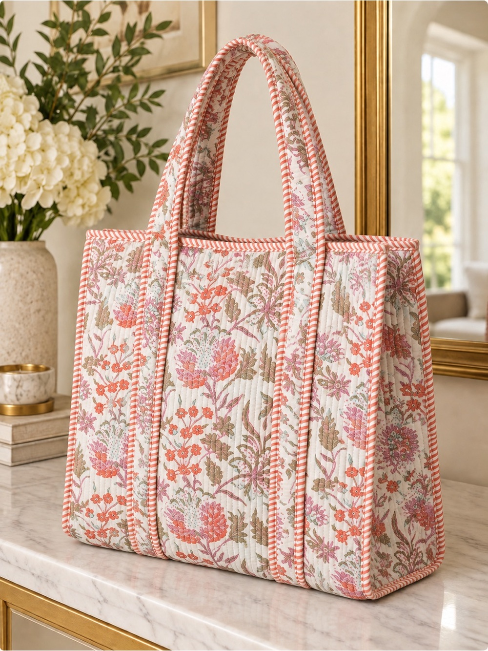 Floral Quilted Tote Bag in Coral and Pink